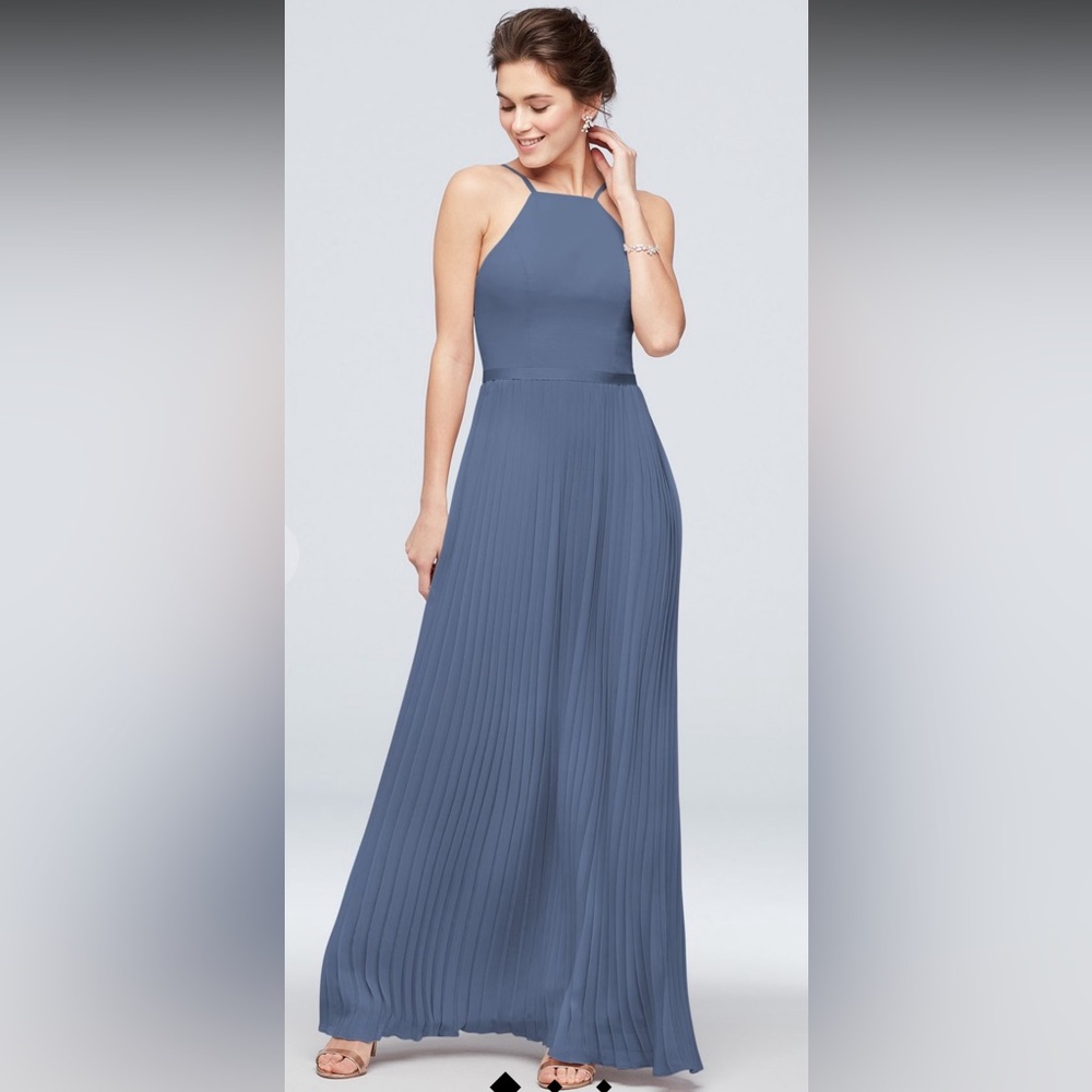 Davids Bridal Bridesmaid Dress Steel Blue Sz 4 Chiffon Halter Neck Pleated Skirt